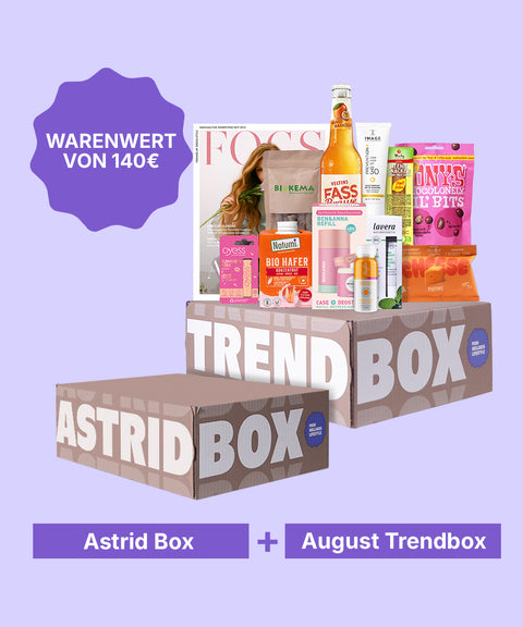 Astrid Box plus August Trendbox auf Lila Hintergrund mit Warenwert von 140€