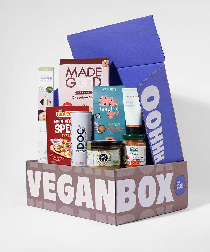 Veganbox von Trendbox gefüllt mit veganen Produkten