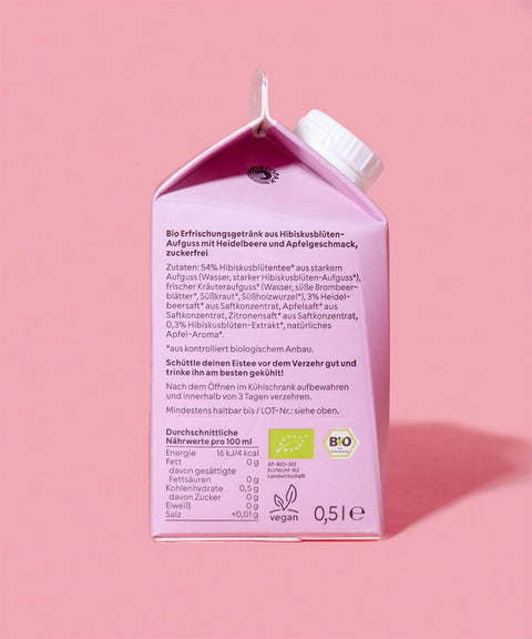 no suga eistee hibiskusblüte heidelbeere verpackung mit inhaltsstoffe und nährwerte