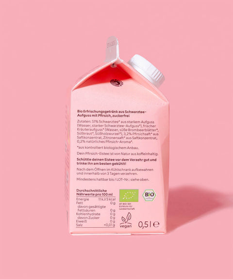 no suga eistee pfirsisch schwarztee verpackung mit inhaltsstoffe und nährwerte